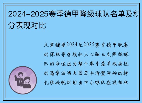 2024-2025赛季德甲降级球队名单及积分表现对比